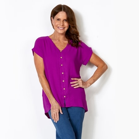 Hailey Lyn V Neck Short Sleeve Textured Wave Top with Buttons