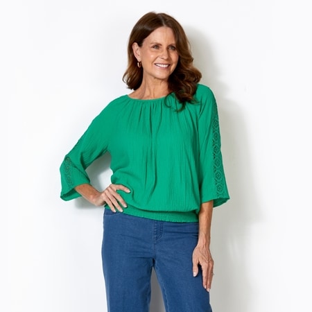 Hailey Lyn Pebble Round Neck 3/4 Sleeve Top with Lace Trim