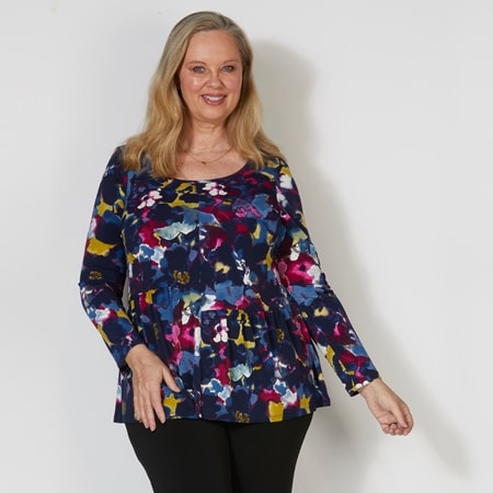 Nina Leonard Round Neck Long Sleeve Print Miracle Jersey  Top