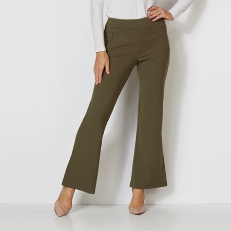 Nina Leonard Elastic Waist Bell Bottom Pant with Zipper Pockets