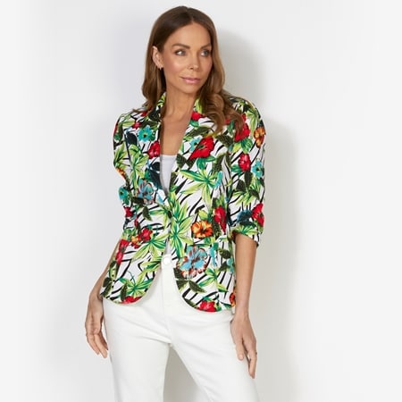 Evie Grace One Button Print Sateen Jacket with Shoulder Pads