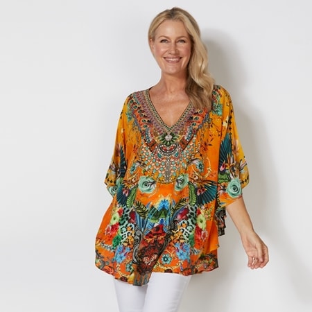 Silk Islands Golden 100% Silk Short V Neck Curved Hem Kaftan