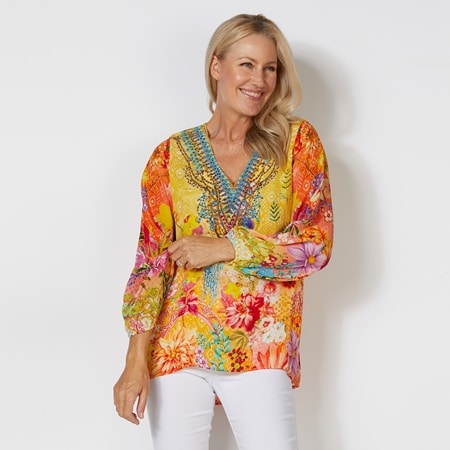 Silk Islands Chantal 100% Silk Long Sleeve V Neck Top