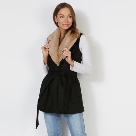 Bella Loren Embroidered Longline Vest with Faux Fur Collar