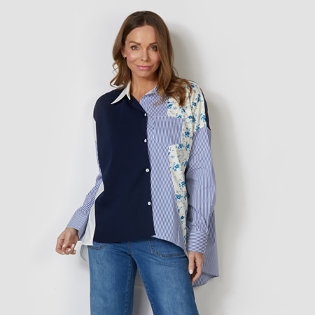 Gabby Isabella Mixed Media Solid/Print Asymmetric Hem Shirt