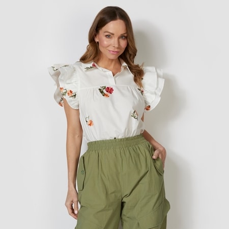 Gabby Isabella Ruffle Sleeve Embroidered Blouse