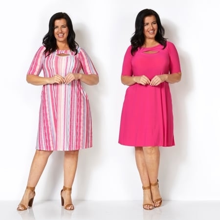 Nina Leonard Elbow Sleeve Peek A Boo Neck Trapeze Dress 2 Pk Print/Plain