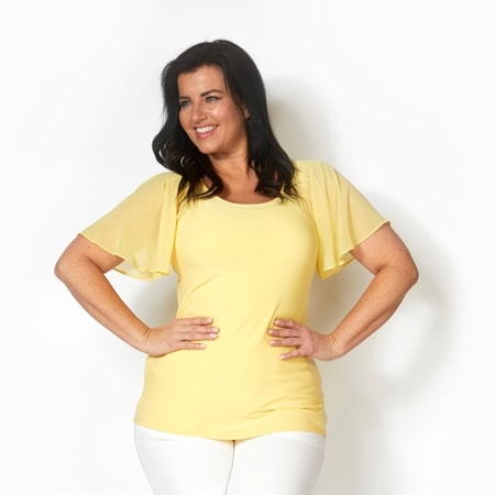Nina Leonard Round Neck Top with Pleat Flutter Chiffon Sleeve