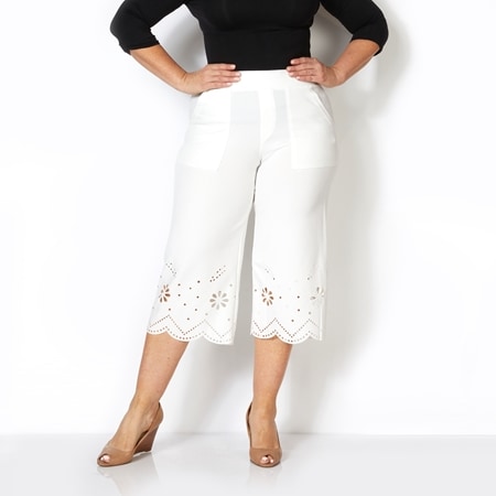 Nina Leonard Wide Leg Gaucho Cropped Pant with Pockets and Scallop Hem
