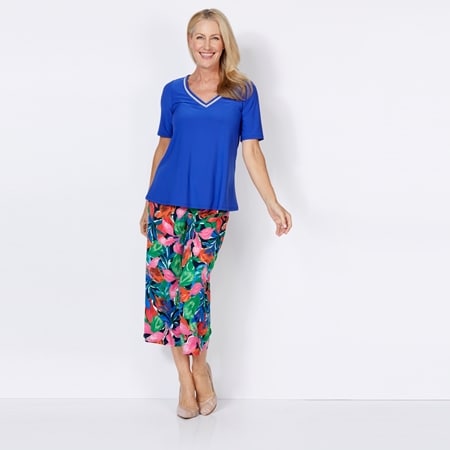 Nina Leonard Rhinestone V Neck Top and Print Culotte Pant 2 PC Set