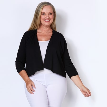 Nina Leonard Shirred Elbow Sleeve Sweater Knit Waterfall Front Bolero