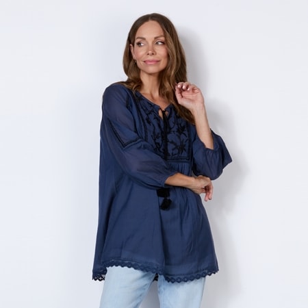 Holmes & Fallon Contrast Embroidery & Tassel Tie Tunic
