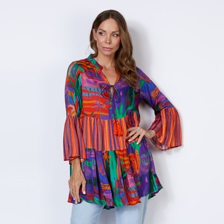 Holmes & Fallon Layered Carnival Print and Tassel Tie Tunic