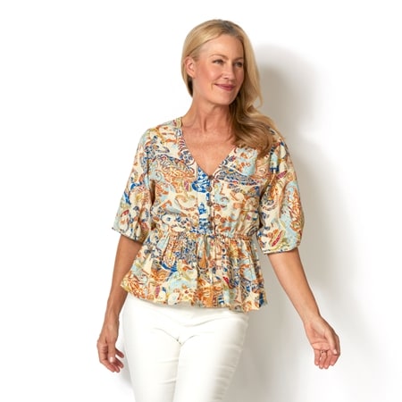 Caju Design Multi Foil Print Blouse with Elastic Waist