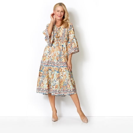Caju Design Multi Foil Print Dress with Tassel Tie & Elastic Waist