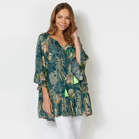 Caju Design A-Line Jungle Print Tunic with Tassel Tie