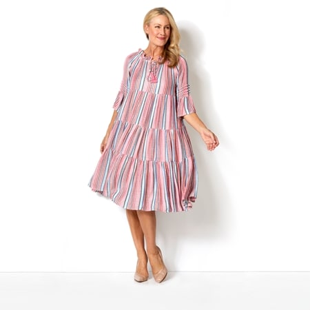 Caju Design Multi Stripe Dress with Sequins and Elastic Neckline