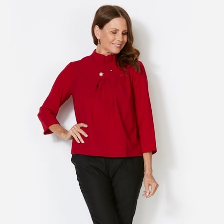 Isaac Mizrahi Pleat Neck Top with Pearl Pin