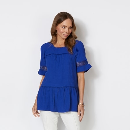 Hailey Lyn Jewel Neck Elbow Ruffle Sleeve Pebble Tiered Float Top