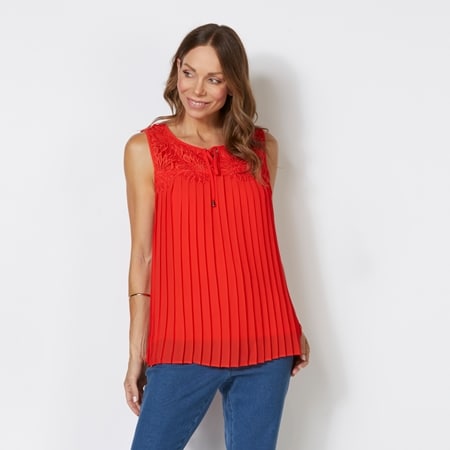 Hailey Lyn Sleeveless Chiffon Pleat Blouse with Lace Yoke
