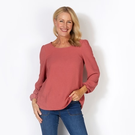 Hailey Lyn Round Neck Long Balloon Sleeve Textured Wave Top