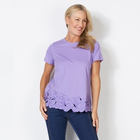 Diane Gilman Single Dye Jersey Short Sleeve Embroidered Tee