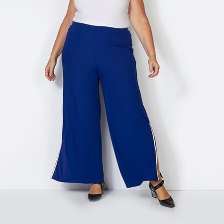 Nina Leonard Elastic Waist Wide Leg Moss Crepe Pant with Side Slit