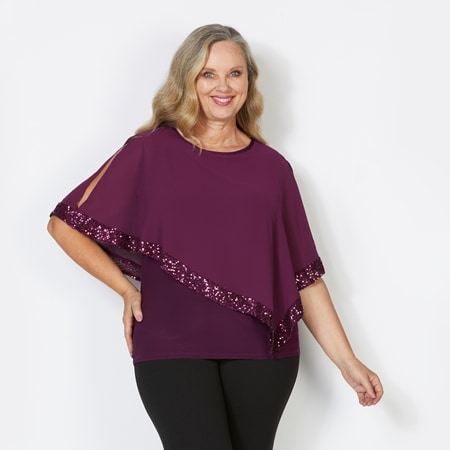 Nina Leonard Angled Popover Chiffon Top with Sparkle Trim