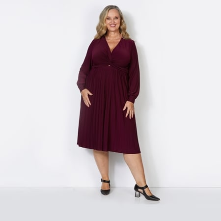 Nina Leonard Twist Front Pleated Dress with Balloon Sleeve