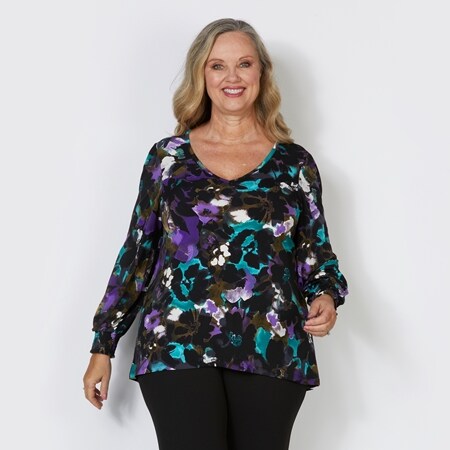 Nina Leonard V Neck Tunic with Balloon Sleeve and Smocked Cuff