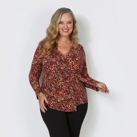 Nina Leonard Long Sleeve Wrap Top with D Rings