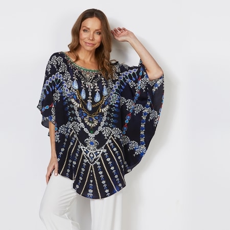 Silk Islands 100% Silk Gems Narrow Boat Neck Curved Hem Kaftan