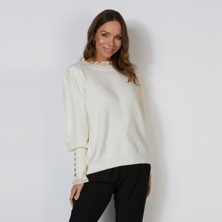 Eyes on Floyd Ruffle Neck Button Detail Long Sleeve Top