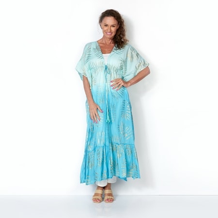 Ble Resort 100% Cotton Long Kimono With Gold Leaves