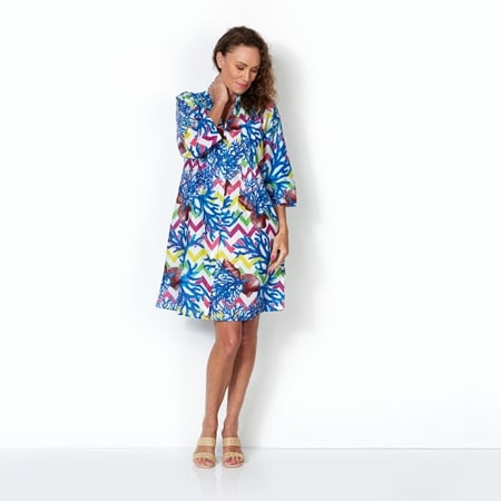 Ble Resort 100% Cotton Coral Print Kaftan Dress With 3/4 Sleeves