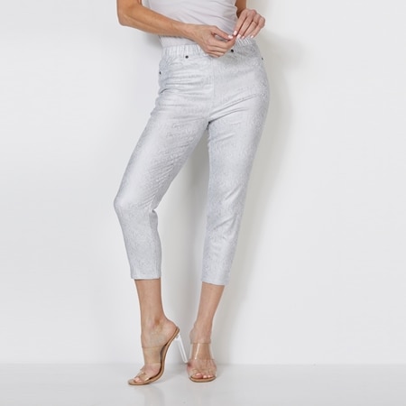 Cafe Latte All Over Silver Foil Snake Print Capri Length Jeggings