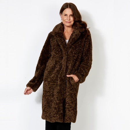 Amanda Charles Collared Long Fur Jacket with Pearl Button and Pockets
