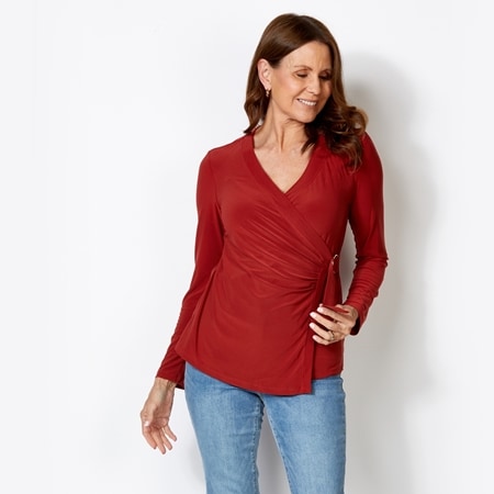 Nina Leonard Long Sleeve Wrap Top with D Ring Detail