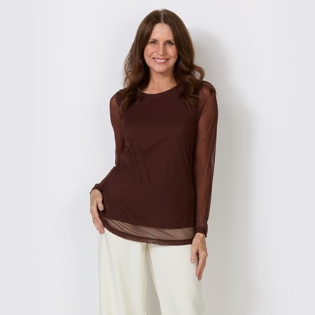 Nina Leonard Round Neck Long Sleeve Sheer Matte Jersey Chiffon Top