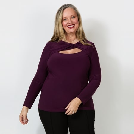 Nina Leonard Side Twist Peek a Boo Yoke Long Sleeve Top