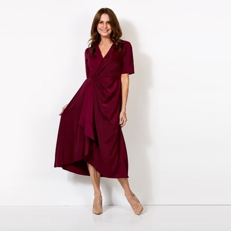 Hailey Lyn V-Neck Elbow Sleeve Hammered Satin Wrap Dress