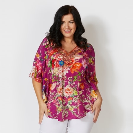 Silk Islands 100% Silk Olivia V Neck Curved Hem Kaftan