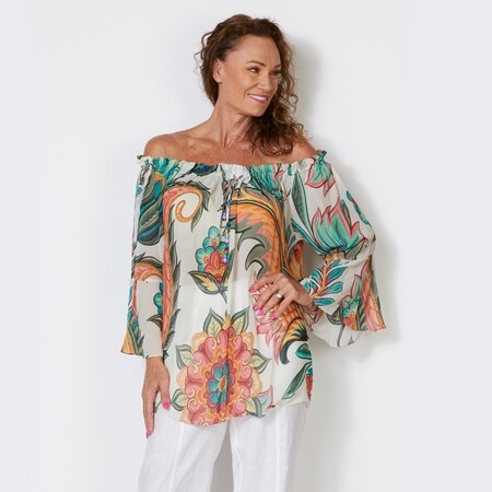 Kelly's Kloset Gathered Off Shoulder Top With Bell Sleeves