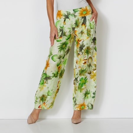 Spanner 100% Linen Green Floral Print Linen Wide Leg Pant