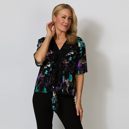 Nina Leonard V-Neck 3/4 Sleeve Kimono Tie Front Print Top