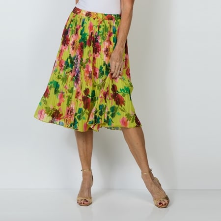 Nina Leonard Elastic Waist Pleated Print Chiffon Knee Length Skirt