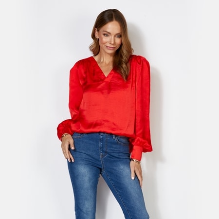 Diane Gilman Draped Sleeve Satin Blouse