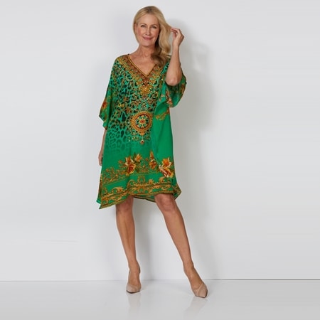 Silk Islands Amellia 100% Silk Cold Shoulder Knee Curved Kaftan