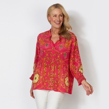 Silk Islands Venus 100% Silk Long Sleeve Shirred Cuff Shirt