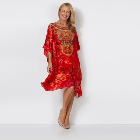 Silk Islands Ruby 100% Silk Narrow Boat Neck Knee Length Kaftan